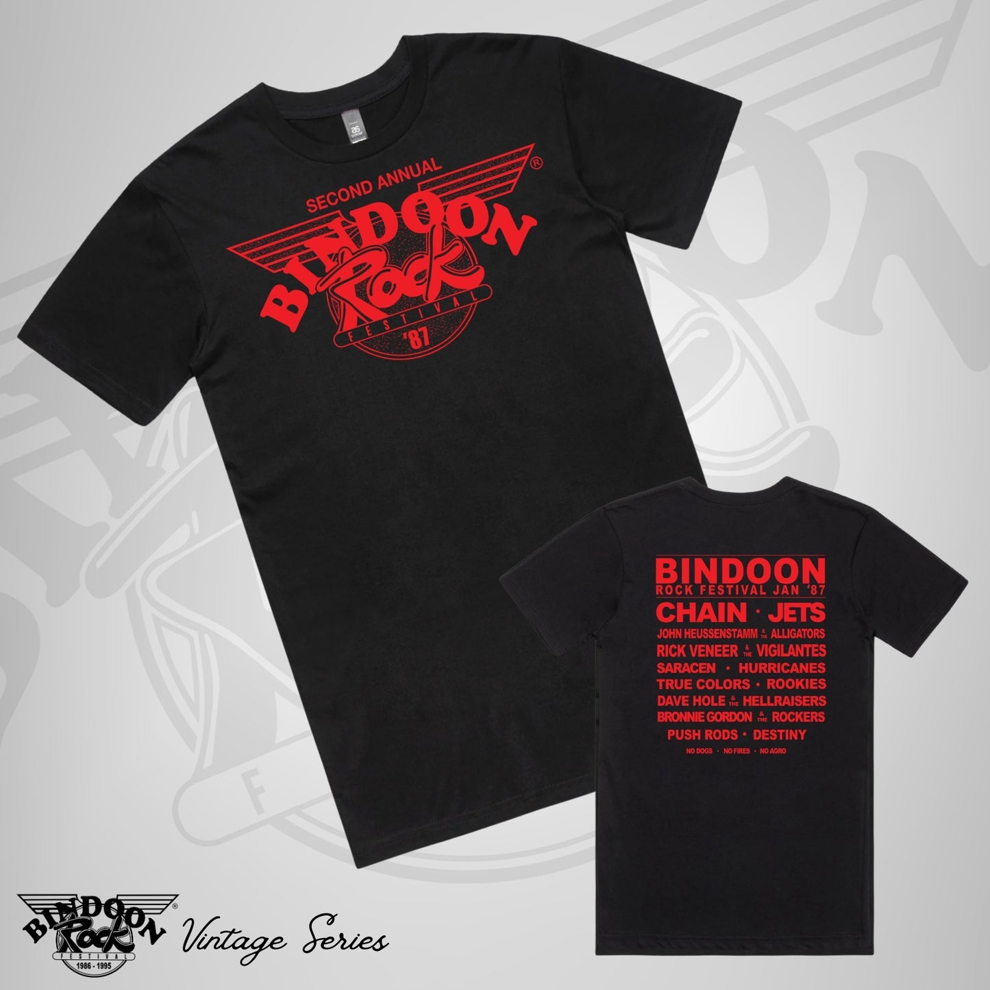 1987 Bindoon Rock "Vintage" Black T-Shirt - Red One Colour Print