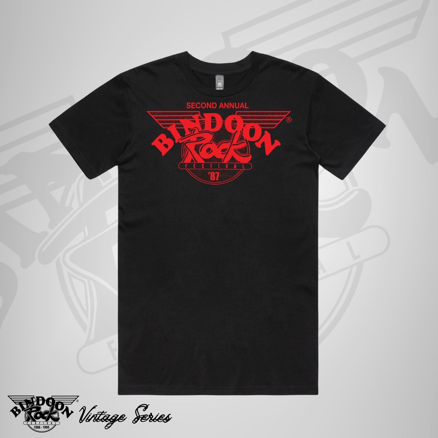1987 Bindoon Rock "Vintage" Black T-Shirt - Red One Colour Print
