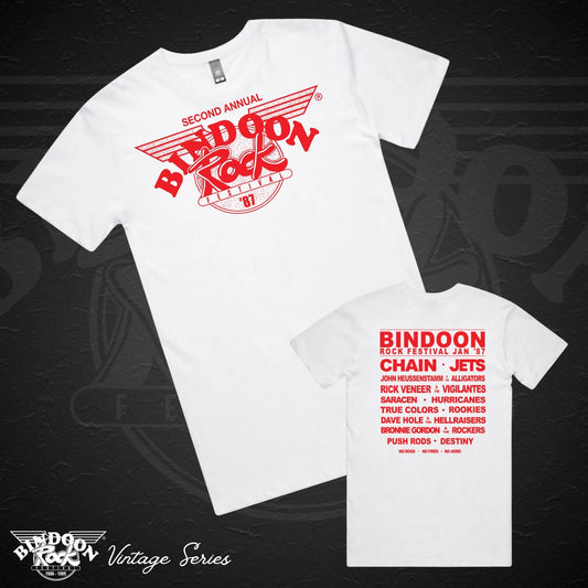 1987 Bindoon Rock "Vintage" White T-Shirt - Red One Colour Print